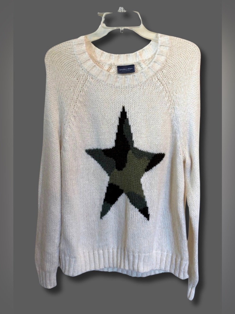 Wooden Ships Green Camouflage Star Sweater S/M Cream Mohair Wool Knit
